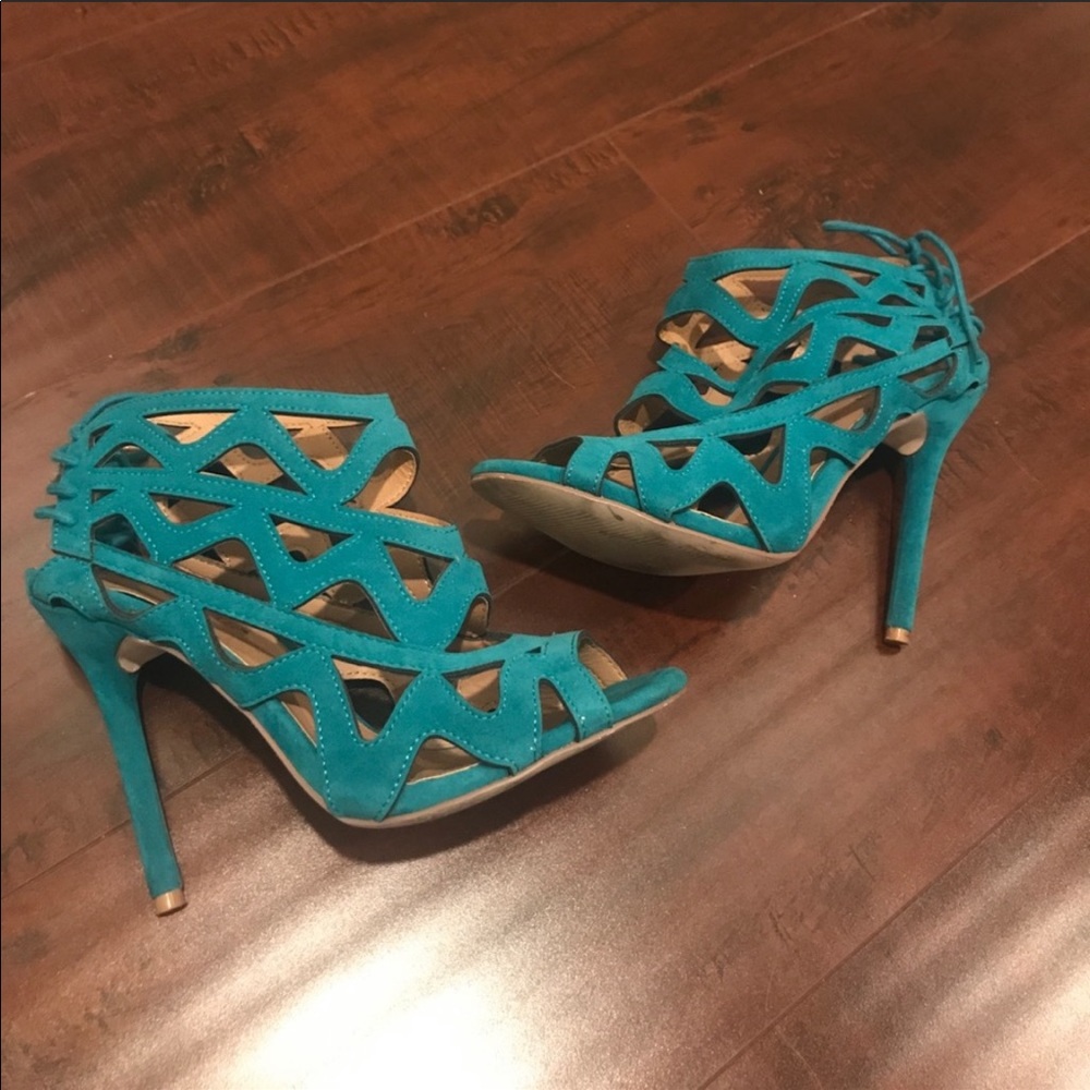 Turquoise Aqua Blue Suede Cage Bootie Sandal Heel